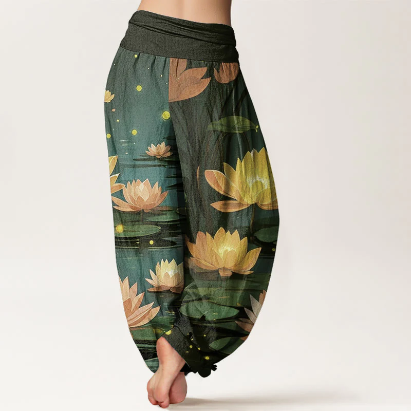 Buddha Stones Casual Peaceful Nighttime Lotus Pattern Women's Elastic Waist Harem Pants