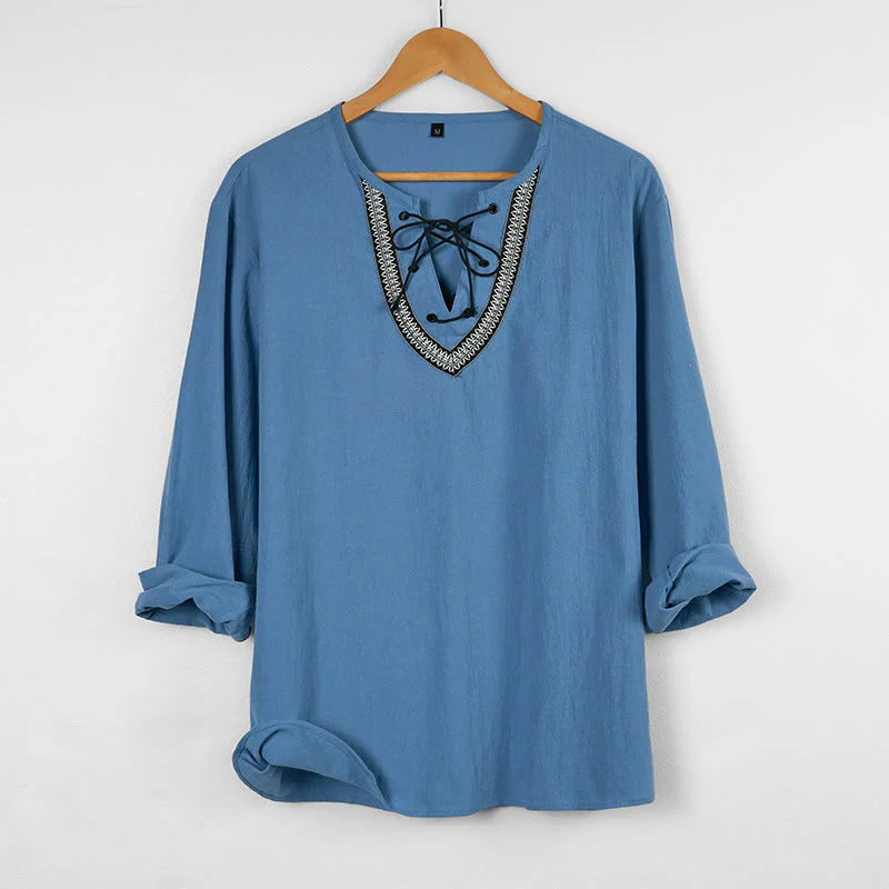 Buddha Stones Solid Color Fall Lace-up Men's V-Neck Long Sleeve Cotton Shirt