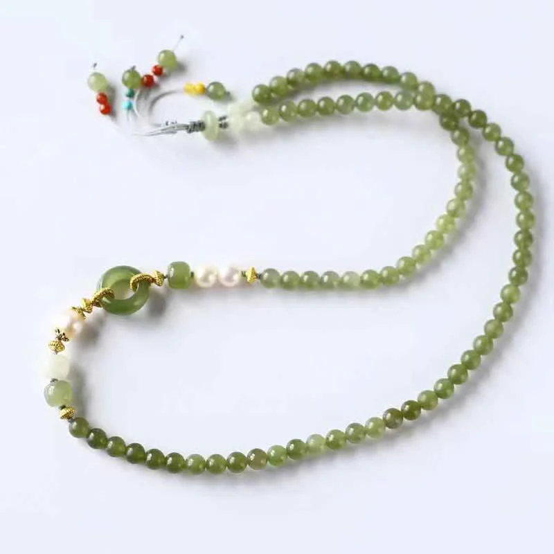 Buddha Stones Hetian Jade Pearl Peace Buckle Luck Wealth String Bracelet