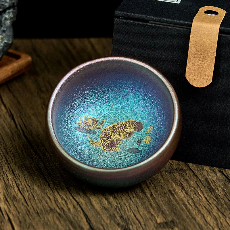 Buddha Stones Handmade Chinese Jianzhan Koi Fish Lotus Leaf Ceramic Teacup Kung Fu Tea Cup 150ml