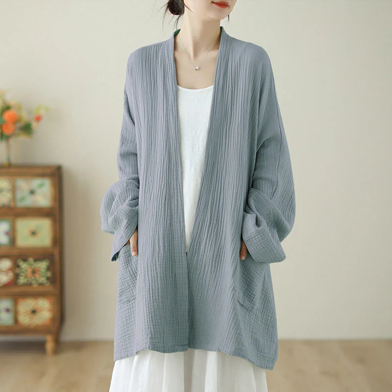 Buddha Stones Plain Long Sleeve Zen Meditation Cotton Linen Jacket With Pockets