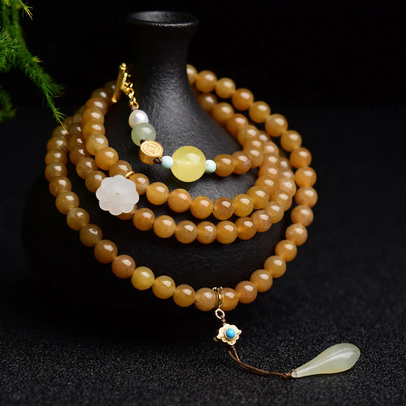 Buddha Stones Natural Hetian Topaz Amber Lotus White Jade Pearl Success Bracelet