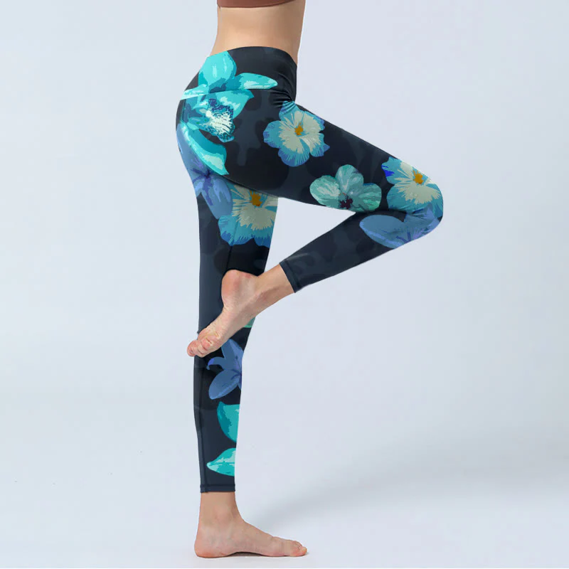 Buddha Stones Green Blue Floral Print Exercise Leggings Women's Yoga Pants