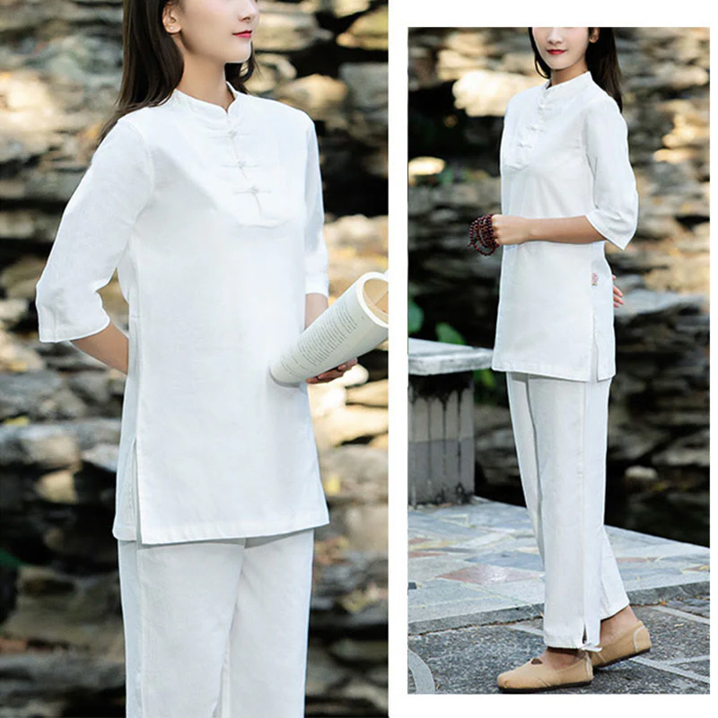 Buddha Stones 2Pcs Half Sleeve Shirt Top Pants Meditation Zen Tai Chi Cotton Linen Clothing Women's Set