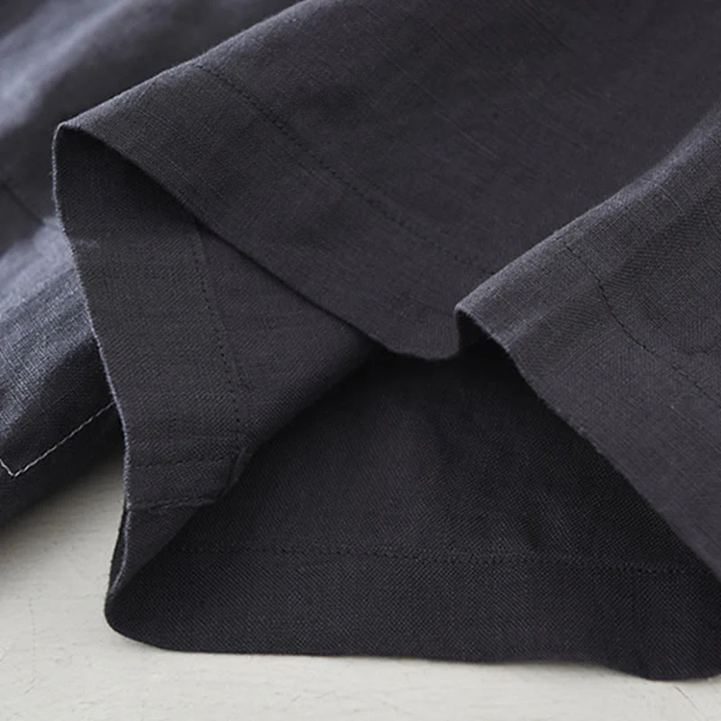 Buddha Stones Summer Half Buttons Design Lapel Men's Short Sleeve Linen Shirt With Pocket