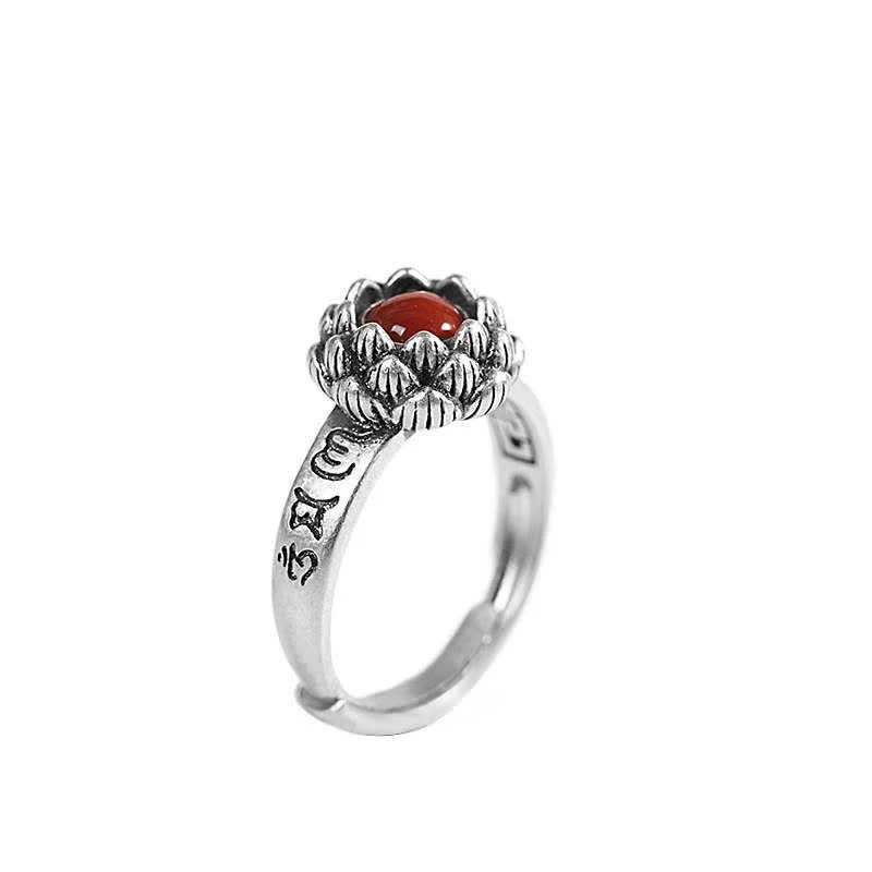 Buddha Stones925 Sterling Silver Lotus Red Agate Confidence Blessing Ring