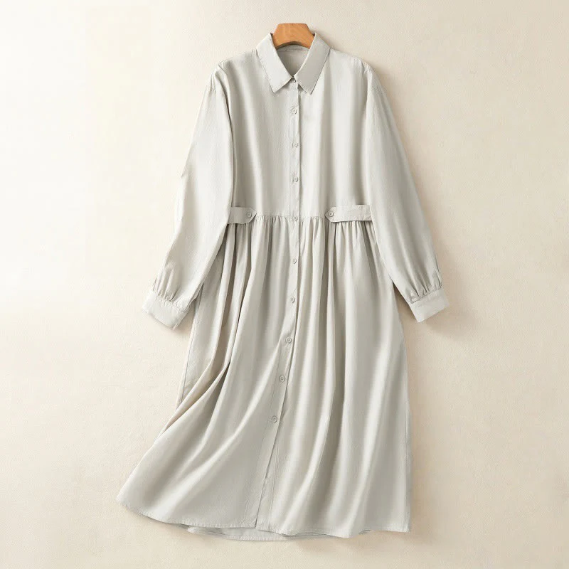 Buddha Stones Casual Plaid Pleats Buttons Design Long Sleeve Cotton Midi Dress With Pockets