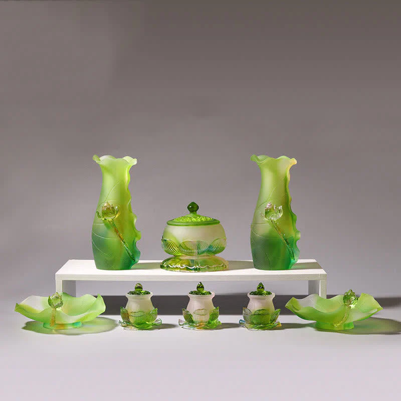 Buddha Stones Feng Shui Lotus Handmade Liuli Crystal Art Piece Home Office Offering Decoration