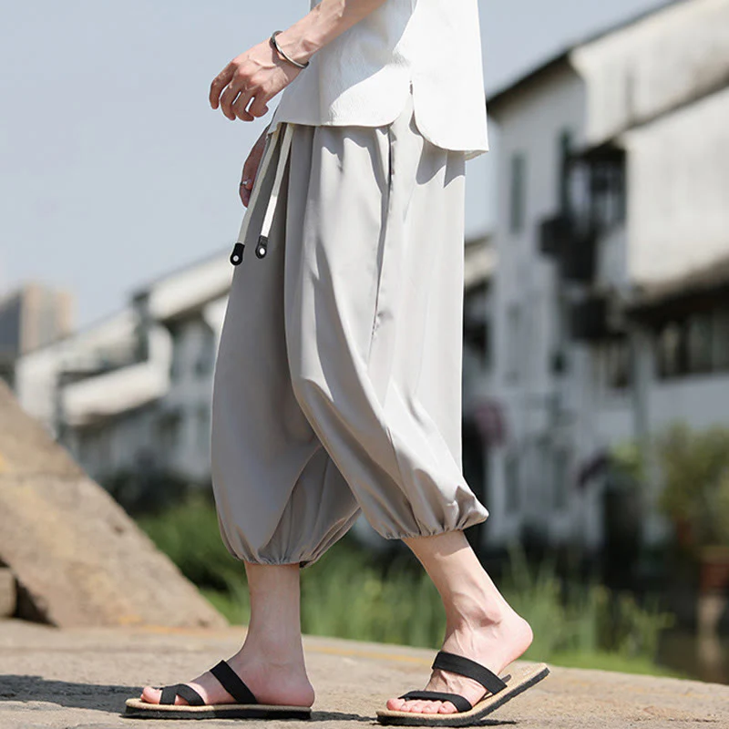 Buddha Stones Solid Drawstring Men's Capri Cropped Harem Pants With Pockets