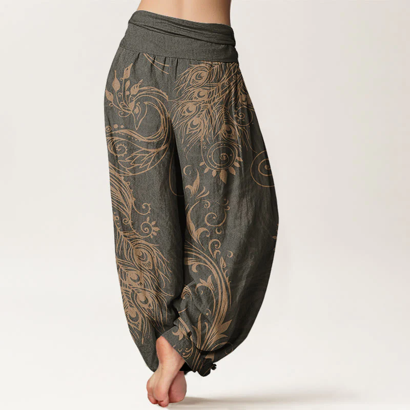 Buddha Stones Casual Peacock Design Women's Elastic Waist Harem Pants