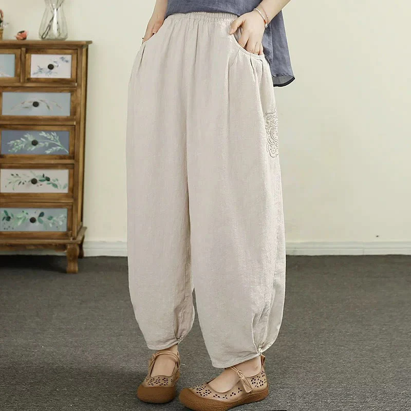Buddha Stones Vintage Solid Color Embroidery Cotton Linen Women's 7-8 Length Harem Pants With Pockets