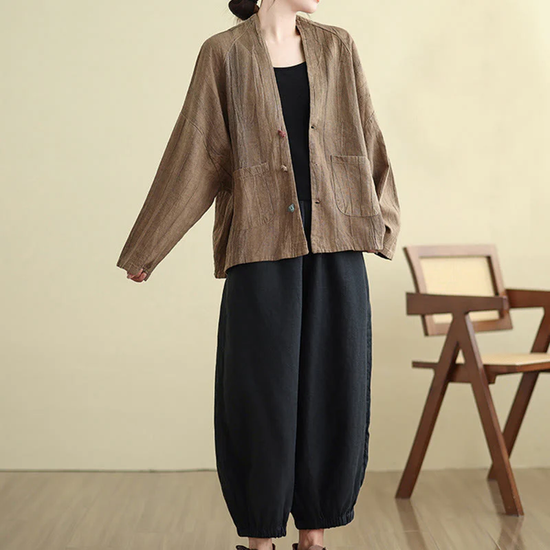 Buddha Stones Plain Long Sleeve Women's Cotton Linen Jacket With Pockets