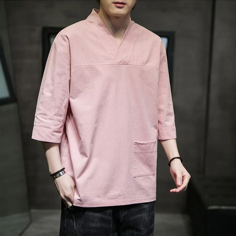 Buddha Stones Summer Casual Simple V-Neck Design Men's Cotton Linen Three Quarter Sleeve T-Shirt With Front Pocket