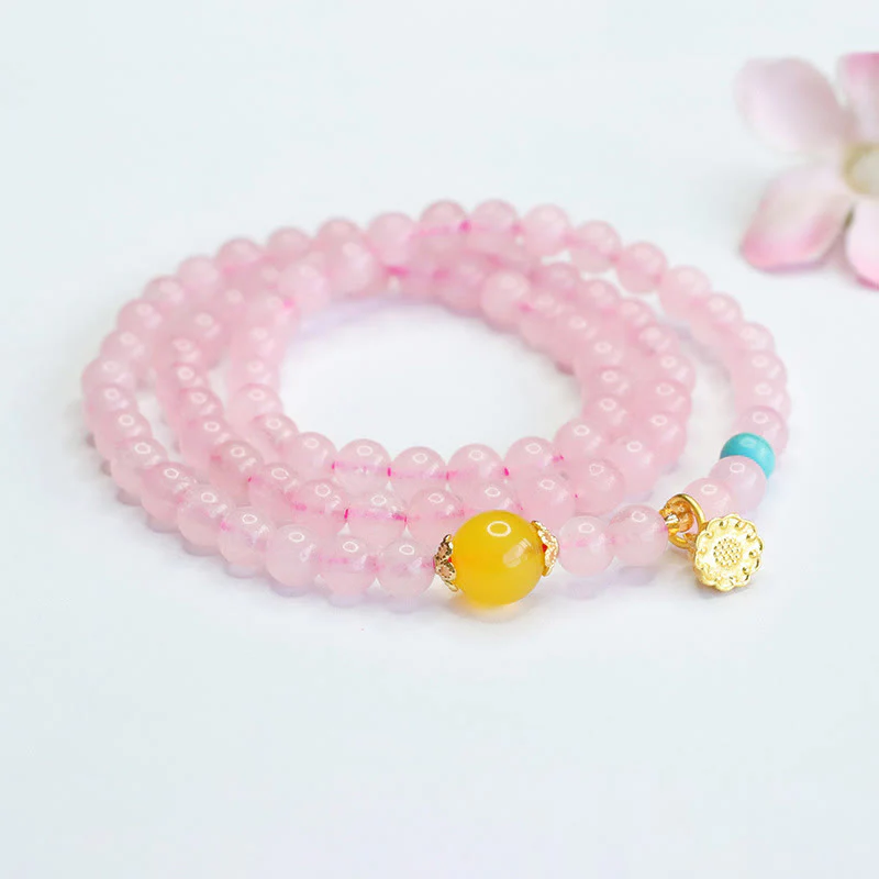 Buddha Stones Pink Crystal Multi-Circle Yellow Chalcedony Lotus Warmth Bracelet