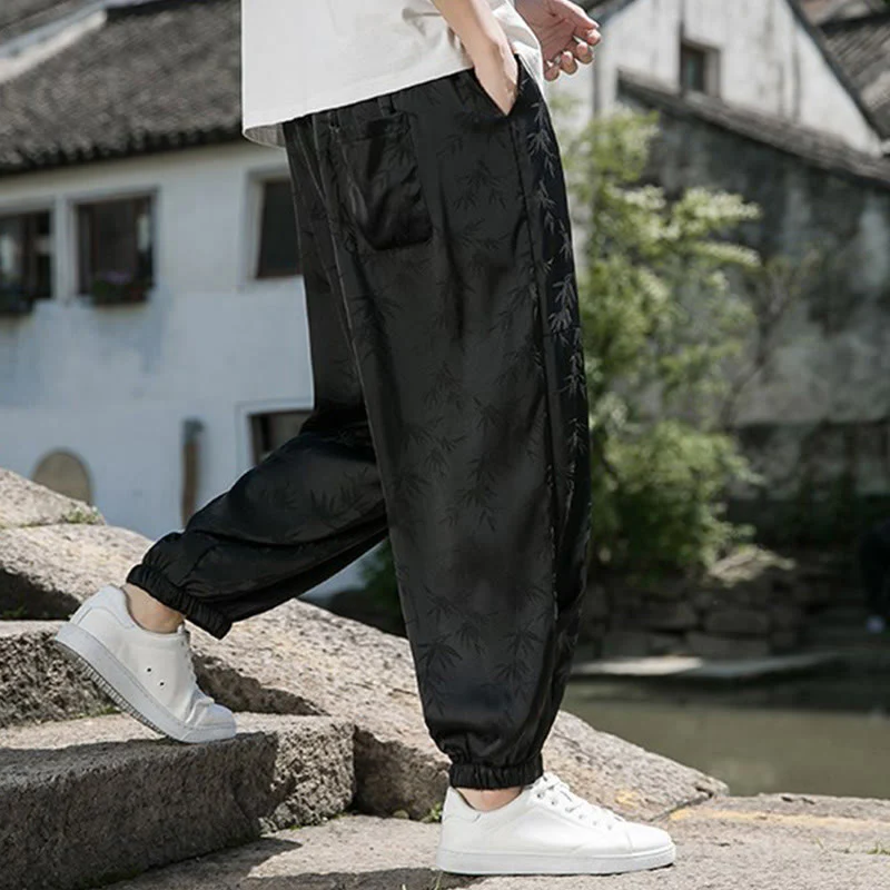 Buddha Stones Summer Ice Silk Jacquard Bamboo Pattern Men's Drawstring Cotton Pants With Pockets