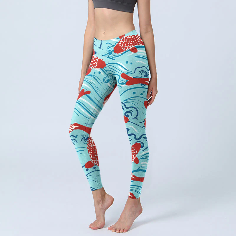 Buddha Stones Koi Fish Wave Pattern Print Gym Leggings Women's Yoga Pants