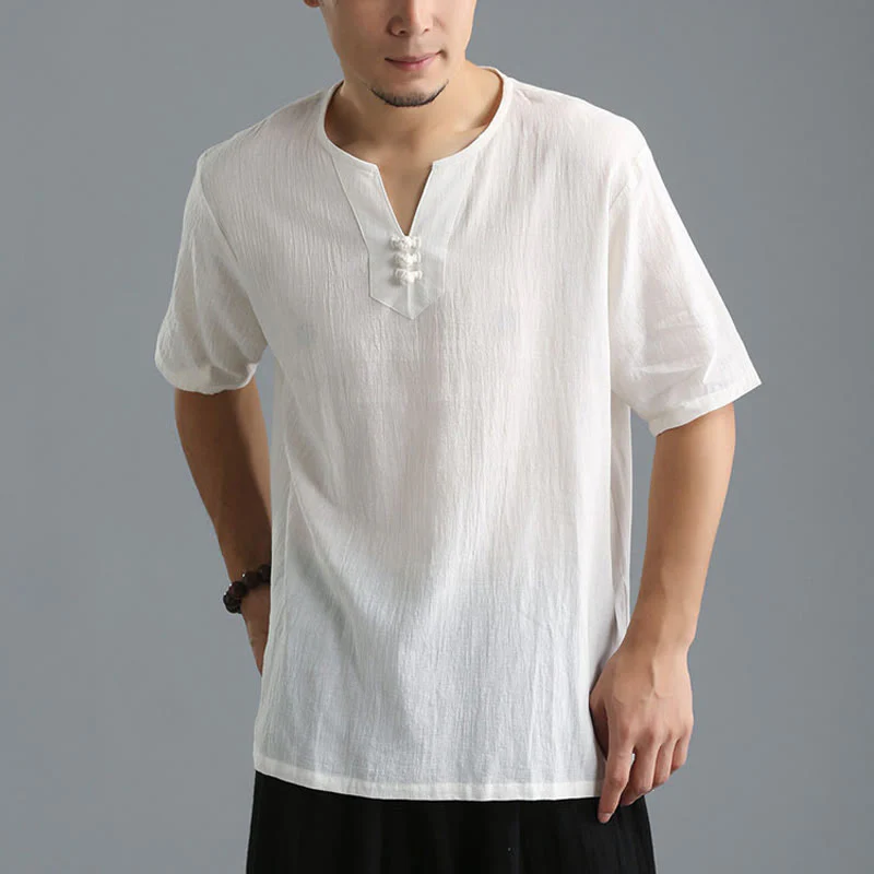 Buddha Stones Men's Solid Color V-Neck Button Short Sleeve Cotton Linen Shirt