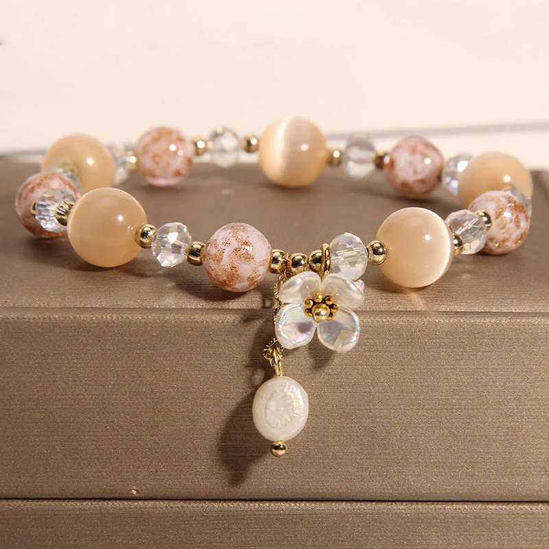 Buddha Stones Aquamarine Yellow Cat's Eye Stone Flower Peace Bracelet