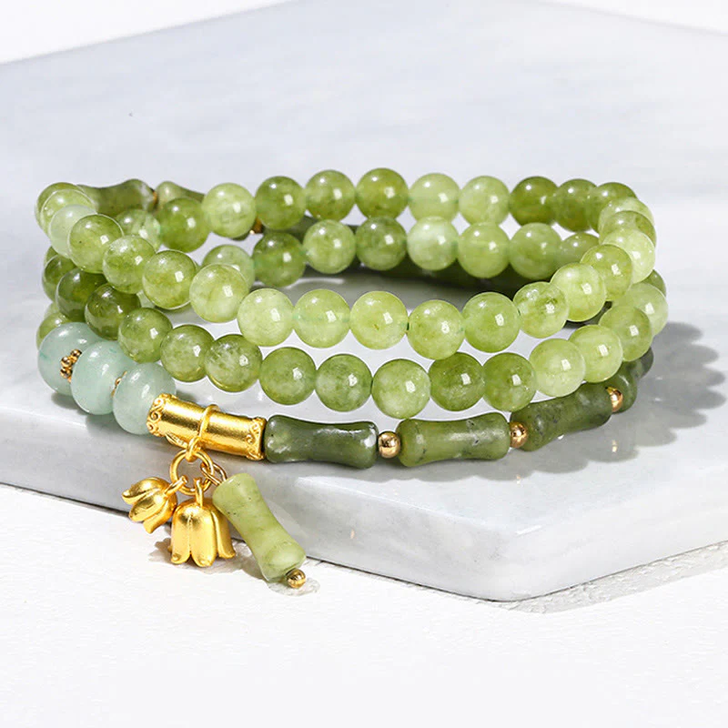 Buddha Stones Retro Multilayer Lily of the Valley Bamboo Green Chalcedony Strength Bracelet