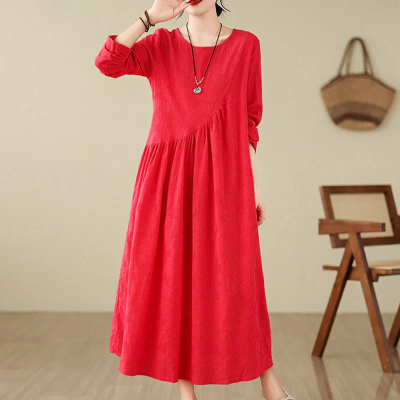 Buddha Stones Plain Jacquard Flower Irregular Design Cotton Linen Midi Dress With Pockets
