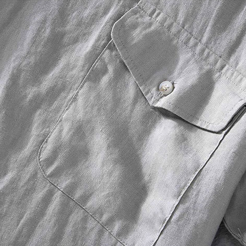 Buddha Stones Casual Simple Design Crew Neck Men's Short Sleeve Linen Shirt With Pocket