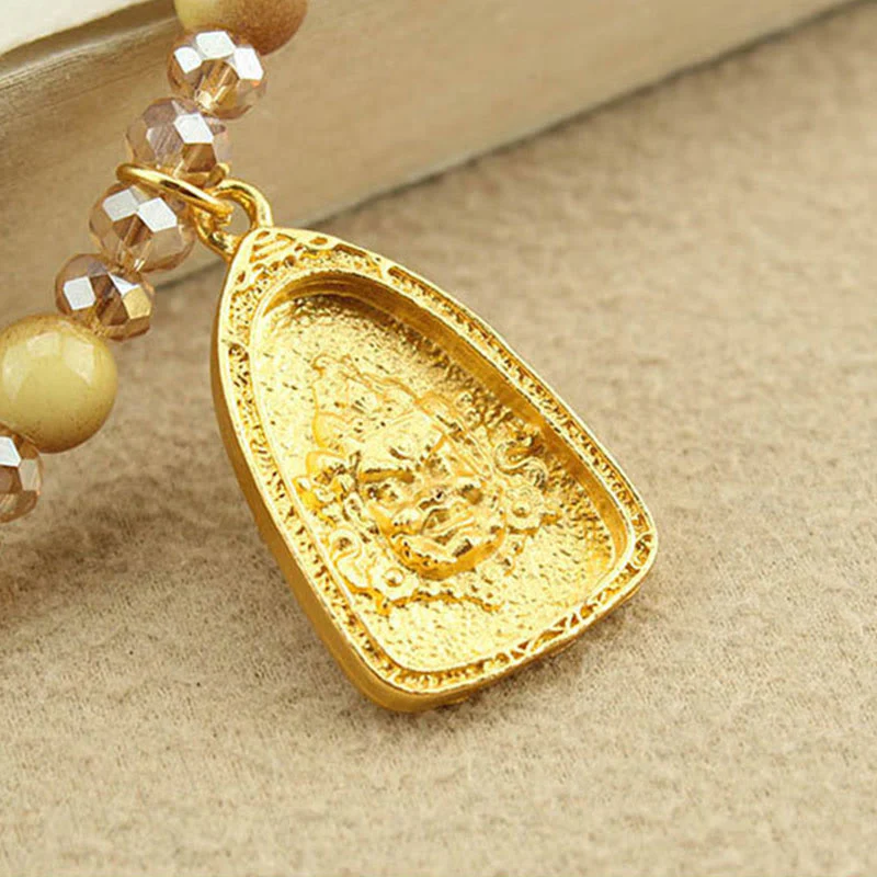 Buddha Stones Tibetan Lotus Round Plate Golden Tiger Eye Beads Necklace Pendant