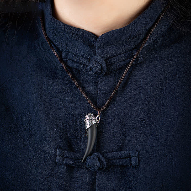 Buddha Stones 925 Sterling Silver Black Obsidian Wolf Tooth Pattern Strength Necklace Pendant