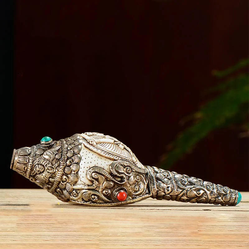 Buddha Stones Tibetan Handmade Engraved Shankha Buddha Conch Shell Wealth Positive Decoration