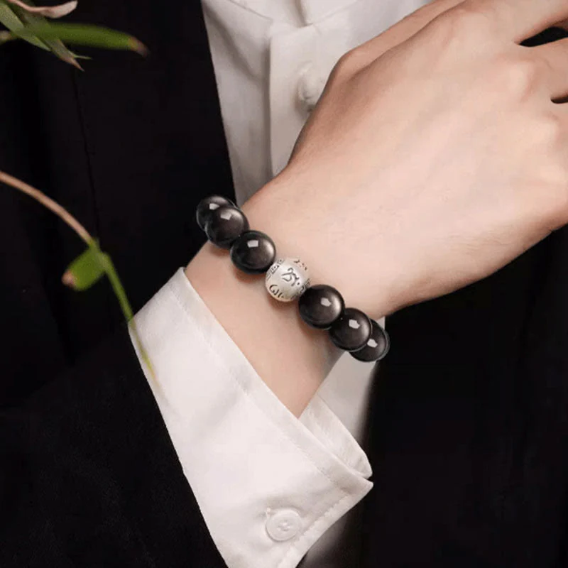 Buddha Stones Natural Silver Sheen Obsidian Om Mani Padme Hum Protection Bracelet