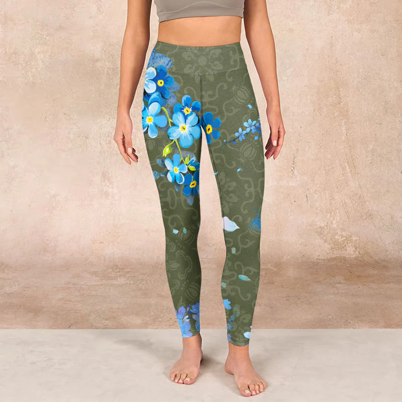 Buddha Stones Blue Flowers Butterflies Print Gym Leggings Women's Yoga Pants