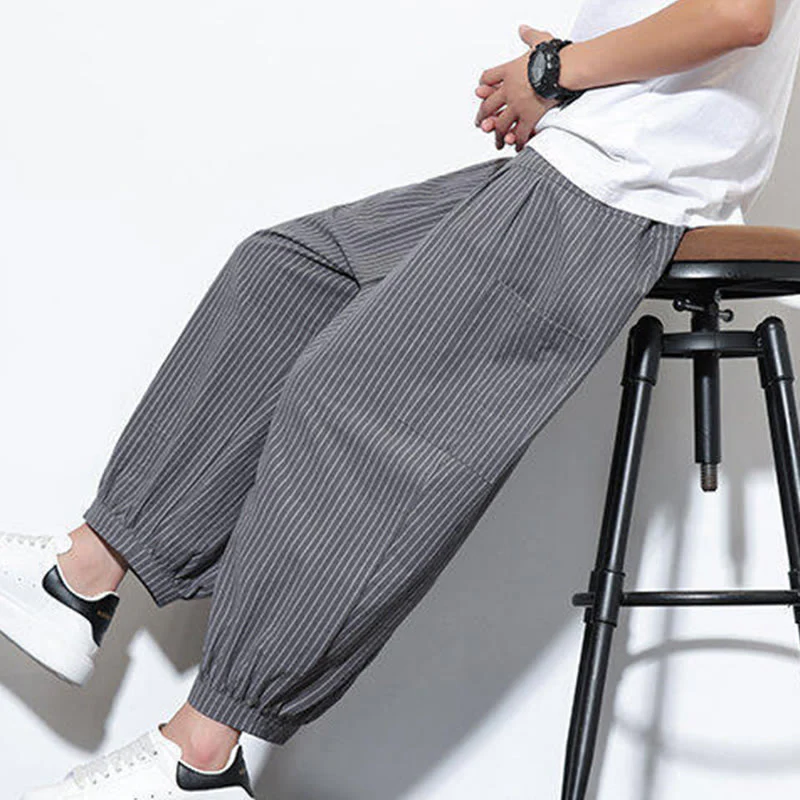 Buddha Stones Casual Striped Men's Cotton 7-8 Length Harem Pants With Pockets