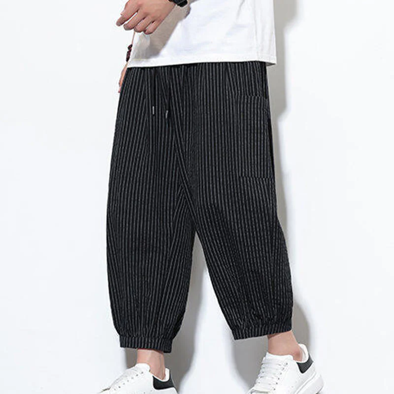 Buddha Stones Casual Striped Men's Cotton 7-8 Length Harem Pants With Pockets