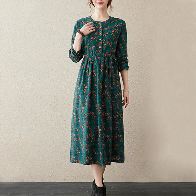 Buddha Stones Casual Ethnic Printing Floral Buttons Design Cotton Linen Midi Dress With Pockets