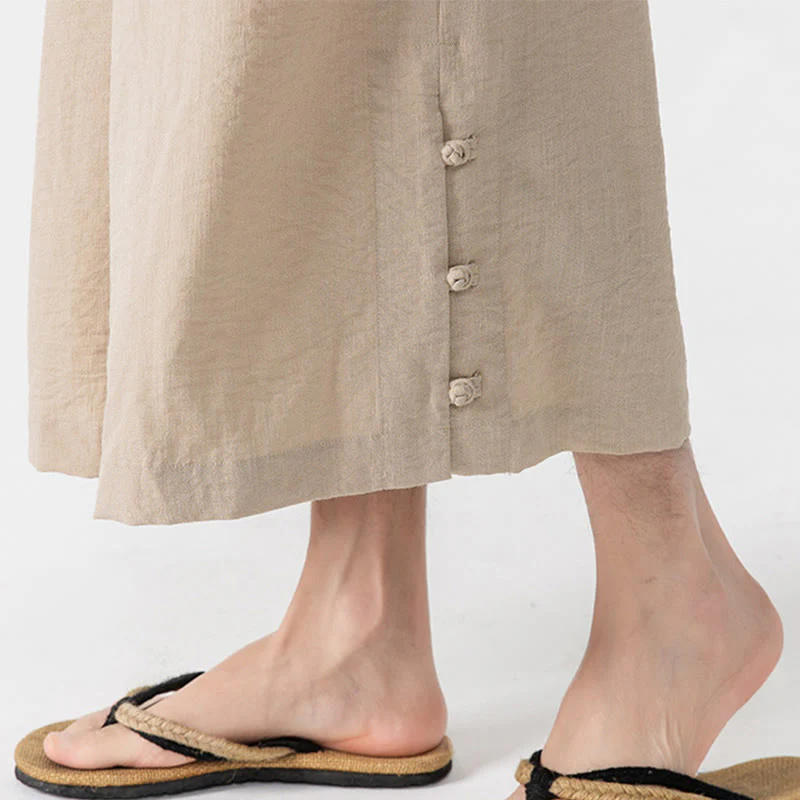 Buddha Stones Casual Loose Frog-Button Plain Men's Cotton 7-8 Length Wide Leg Pants With Pockets