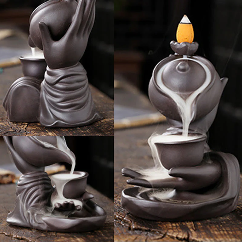 Buddha Stones Buddha Hand Holding Teapot Cup Ceramic Backflow Smoke Fountain Healing Incense Burner Decoration