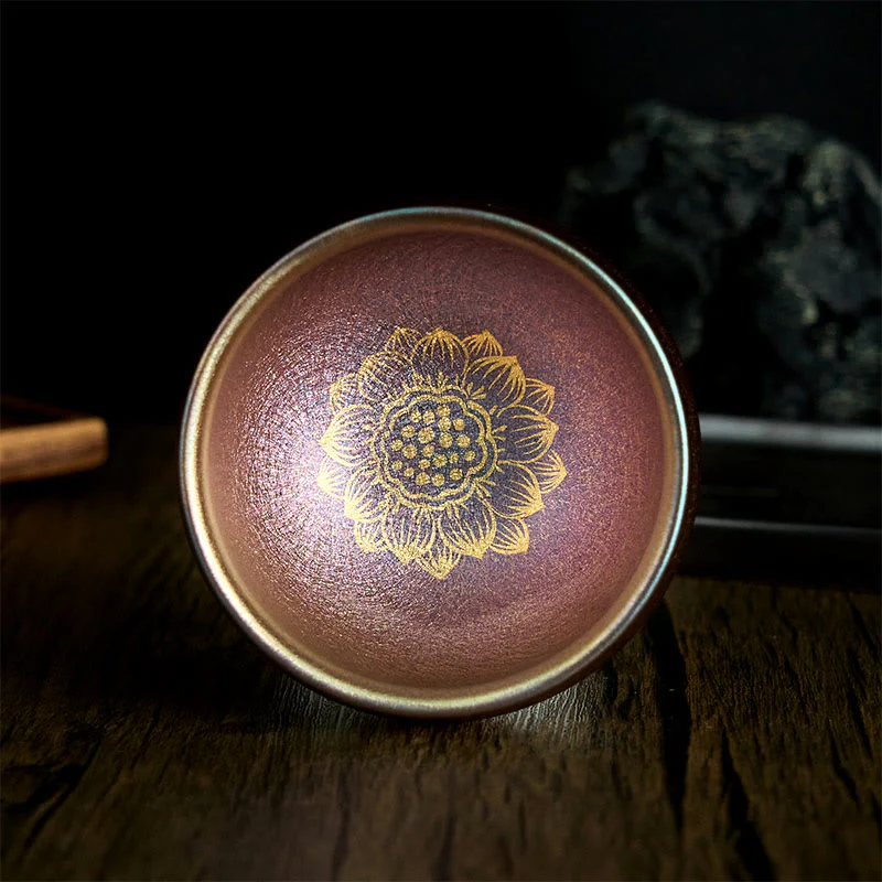 Buddha Stones Handmade Chinese Jianzhan Golden Lotus Flower Ceramic Teacup Kung Fu Tea Cup 150ml