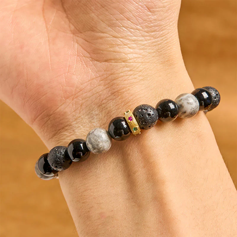 Buddha Stones Lava Rock Black Onyx Picasso Jasper Healing Bracelet