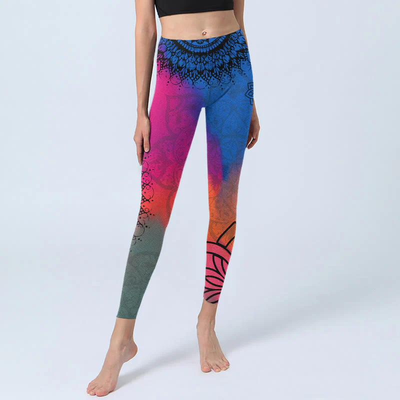 Buddha Stones Rose Red Blue Mandala Flower Print Gym Leggings Women's Yoga Pants