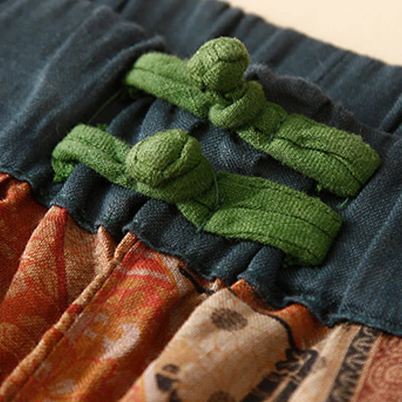 Buddha Stones Retro Casual Chinese Frog-Button Design Women's Harem Pants With Pockets