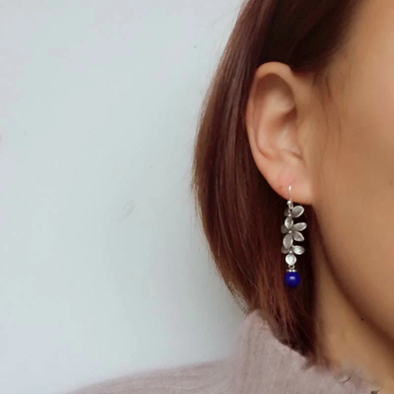 Buddha Stones 925 Sterling Silver Turquoise Lazurite Flower Leaf Serenity Protection Hook Drop Dangle Earrings