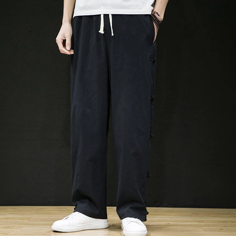 Buddha Stones Casual Patchwork Crane Pattern Frog-Button Design Men's Wide Leg Pants With Pockets