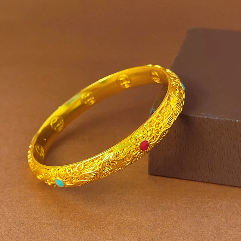 Buddha Stones Copper Plated Gold Flowers Leaves Luck Bracelet Bangle