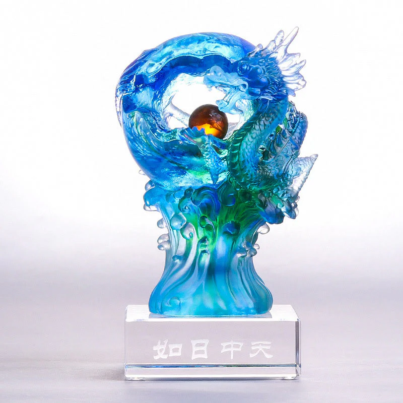 Buddha Stones Handmade Azure Dragon Liuli Crystal Art Piece Success Protection Home Office Decoration