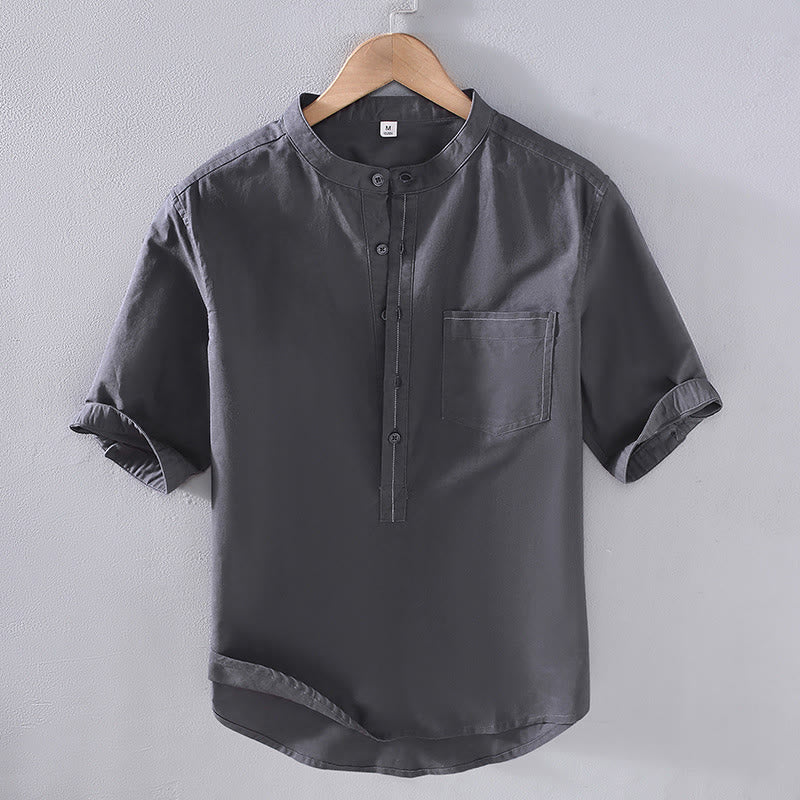 Buddha Stones Vintage Spring Pure Color Half Buttons Design Stand Collar Men's Short Sleeve Linen Shirt With Pocket
