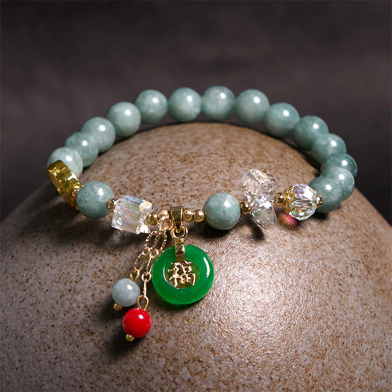 Buddha Stones Strawberry Quartz Jade Fu Character Charm Healing Bracelet