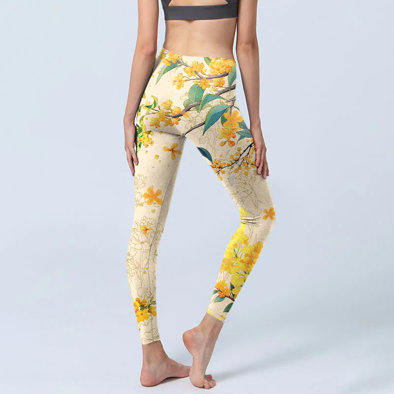 Buddha Stones Yellow Osmanthus Fragrans Rapeseed Print Gym Leggings Women's Yoga Pants