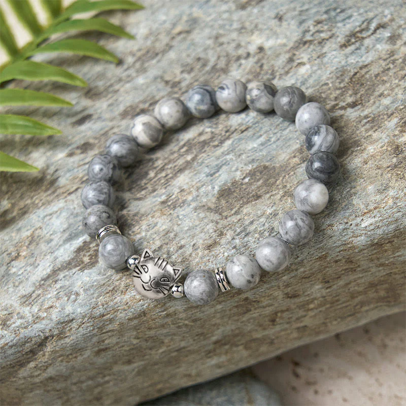 Buddha Stones Cute Cat Natural Grey Jasper Bead Healing Bracelet