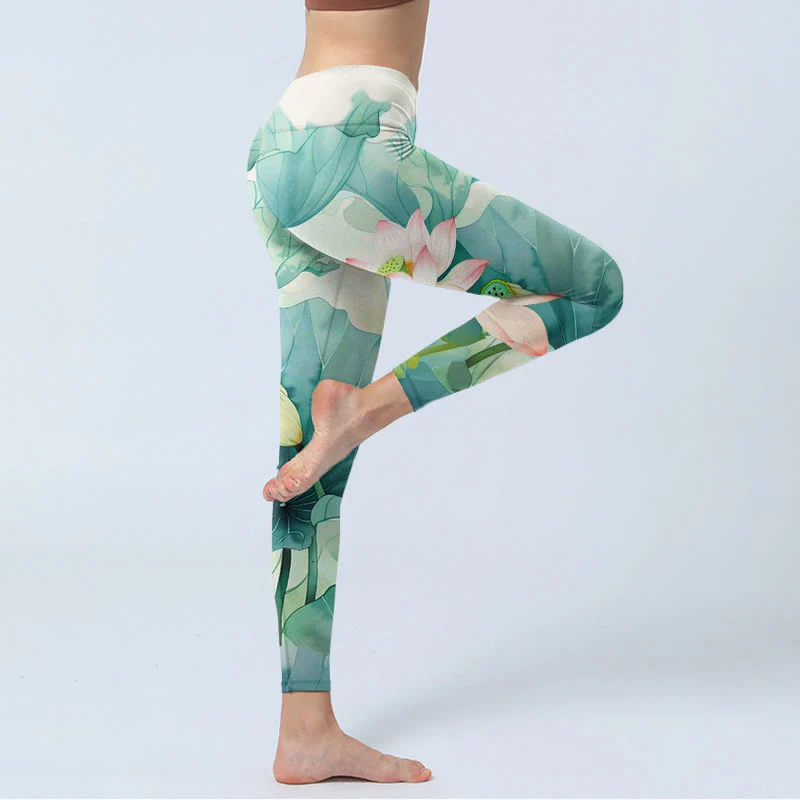 Buddha Stones Lotus Flowers Leaves Lotus Pods Pattern Print Gym Leggings Women's Yoga Pants
