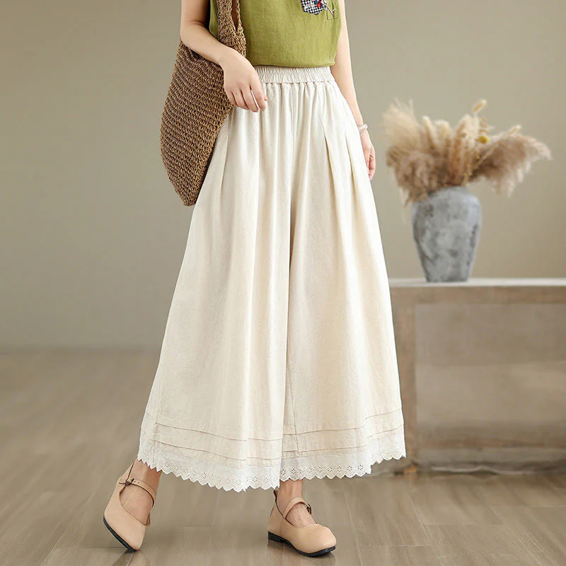 Buddha Stones Commute Simple Lace Design 7-8 Length Women's Wide Leg Cotton Linen Pants With Pockets