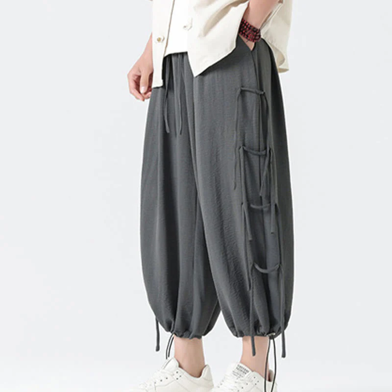 Buddha Stones Casual Loose Lanyard Design Waist Rope Men's 7-8 Length Spandex Pants With Pockets